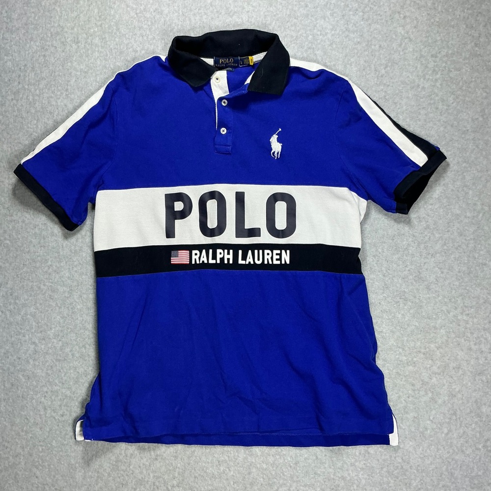 Polo Ralph Lauren Mens Large Blue Colorblock Graphic Logo Polo Shirt Classic Fit